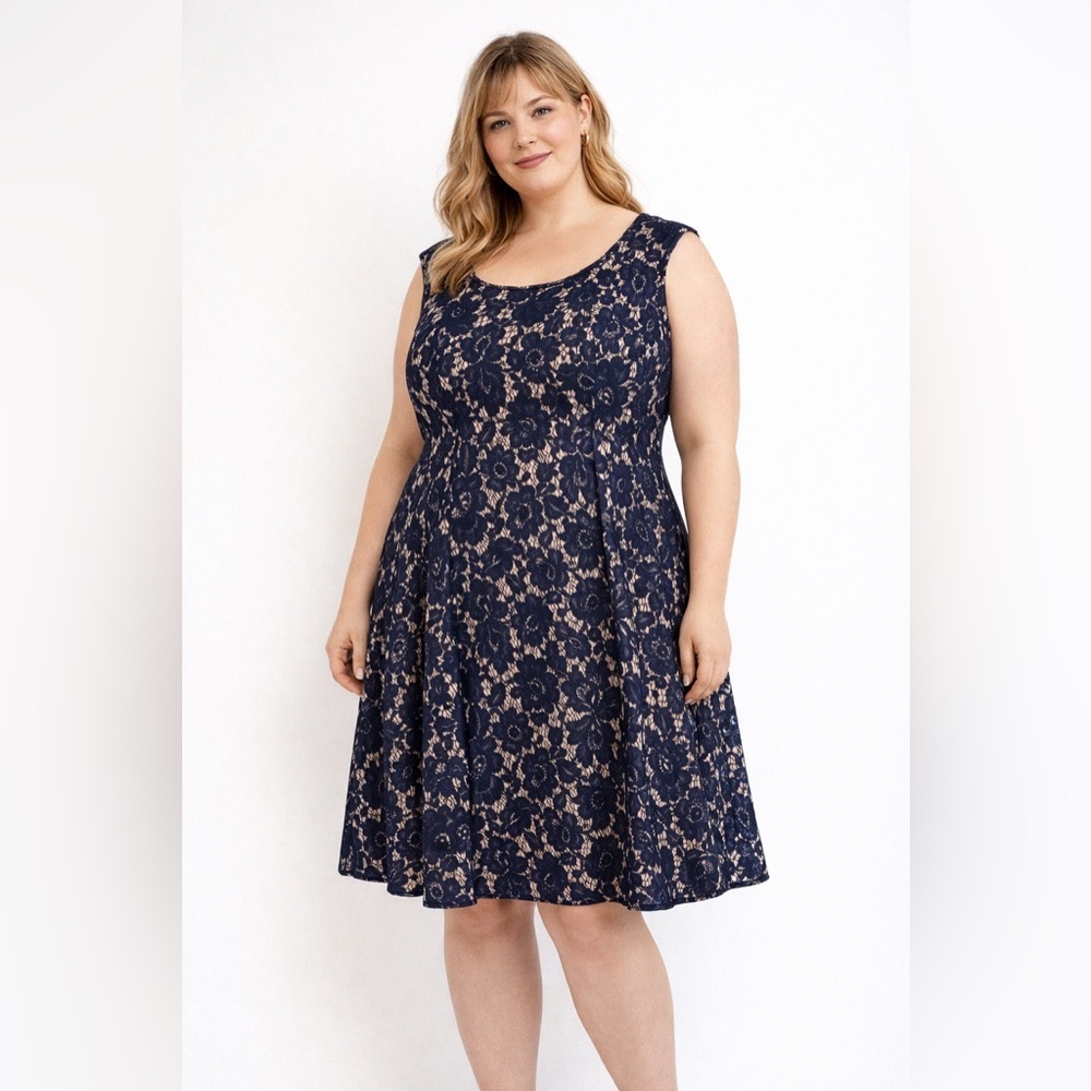Jessica Howard Navy and Cream Lace Midi  Dress Size 20